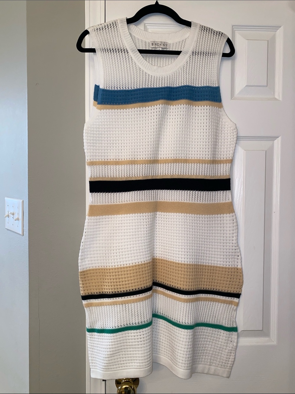 Sleeveless White Knit Midi Dress with Multicolor Stripe Accents